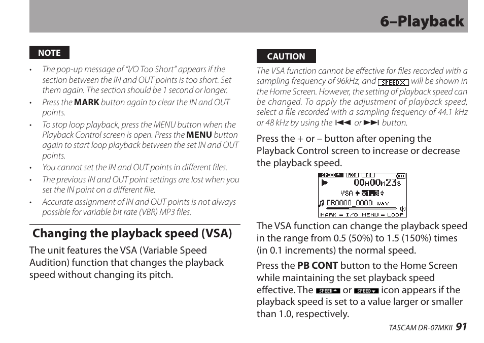 Changing the playback speed (vsa), 6–playback | Teac DR-07MKII User Manual | Page 91 / 124