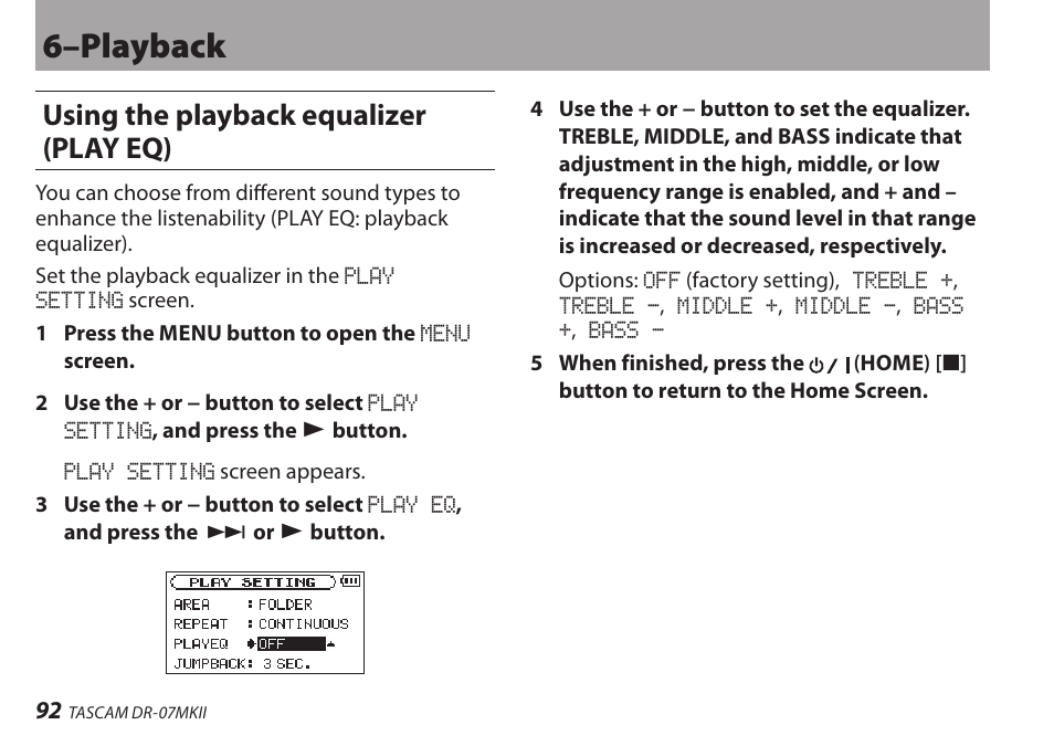 Using the playback equalizer (play eq), 6–playback | Teac DR-07MKII User Manual | Page 92 / 124