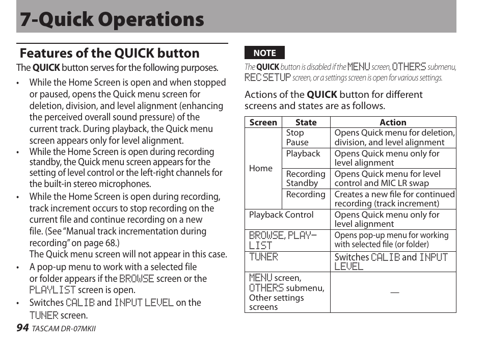 Quick operations, Features of the quick button | Teac DR-07MKII User Manual | Page 94 / 124