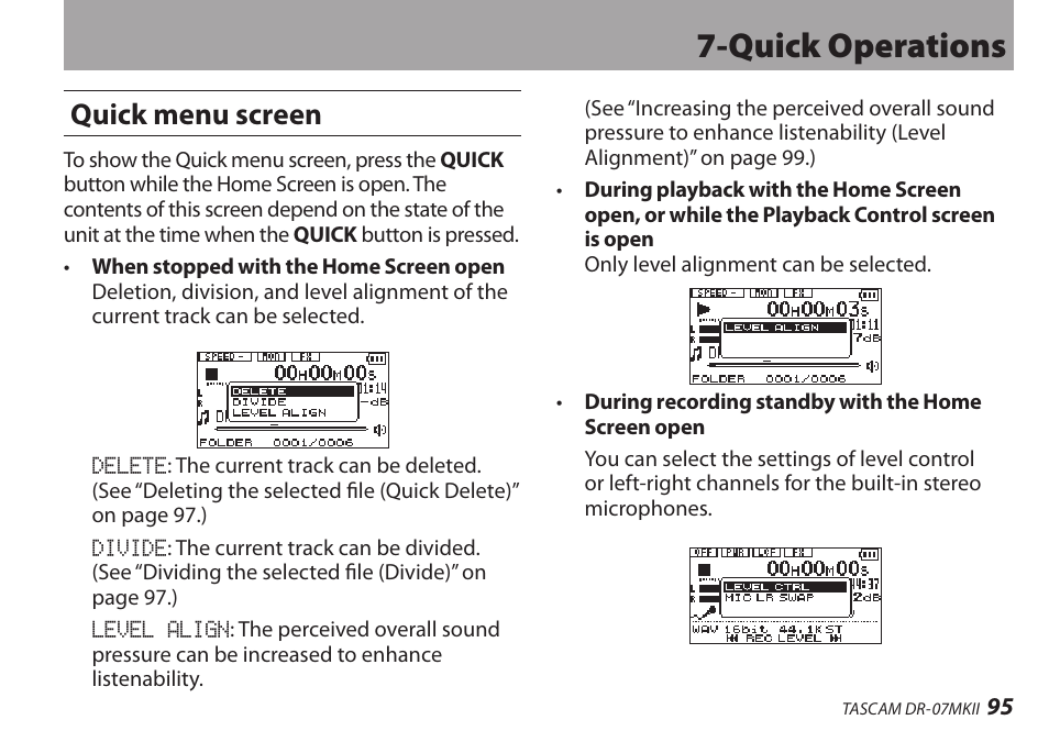 Quick menu screen, Quick operations | Teac DR-07MKII User Manual | Page 95 / 124