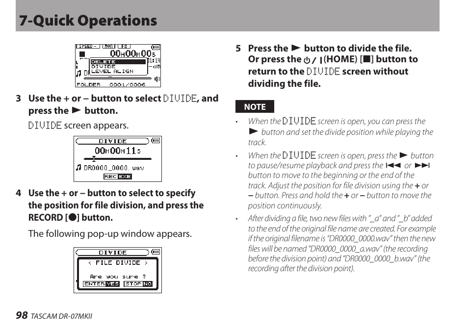 Quick operations | Teac DR-07MKII User Manual | Page 98 / 124