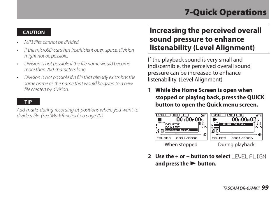 Quick operations | Teac DR-07MKII User Manual | Page 99 / 124