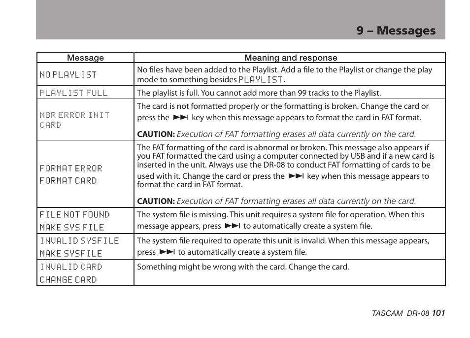 9 – messages | Tascam DR-08 User Manual | Page 101 / 112