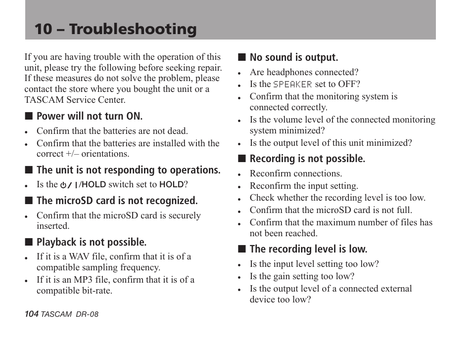 10 – troubleshooting | Tascam DR-08 User Manual | Page 104 / 112