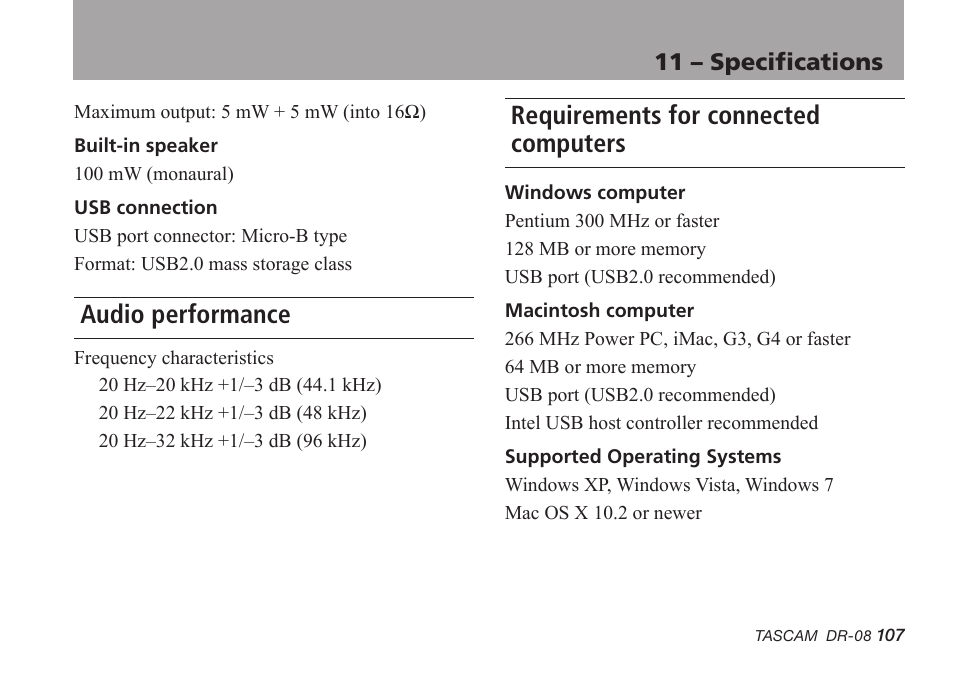 Audio performance, Requirements for connected computers | Tascam DR-08 User Manual | Page 107 / 112