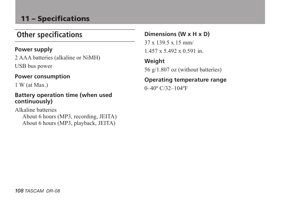 Other specifications, 11 – specifications | Tascam DR-08 User Manual | Page 108 / 112