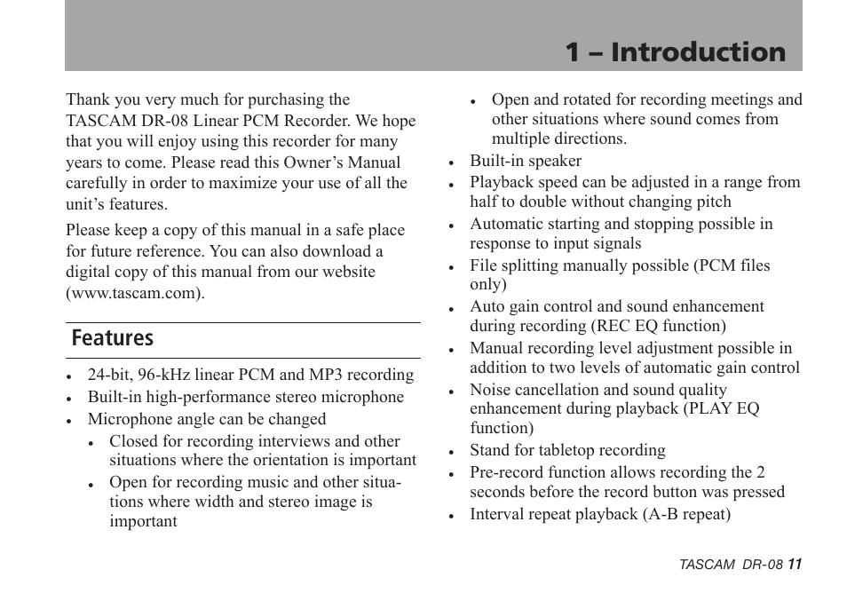 1 – introduction, Features | Tascam DR-08 User Manual | Page 11 / 112