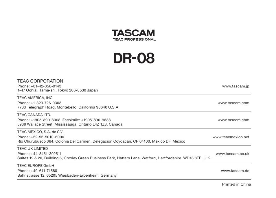 Dr-08 | Tascam DR-08 User Manual | Page 112 / 112