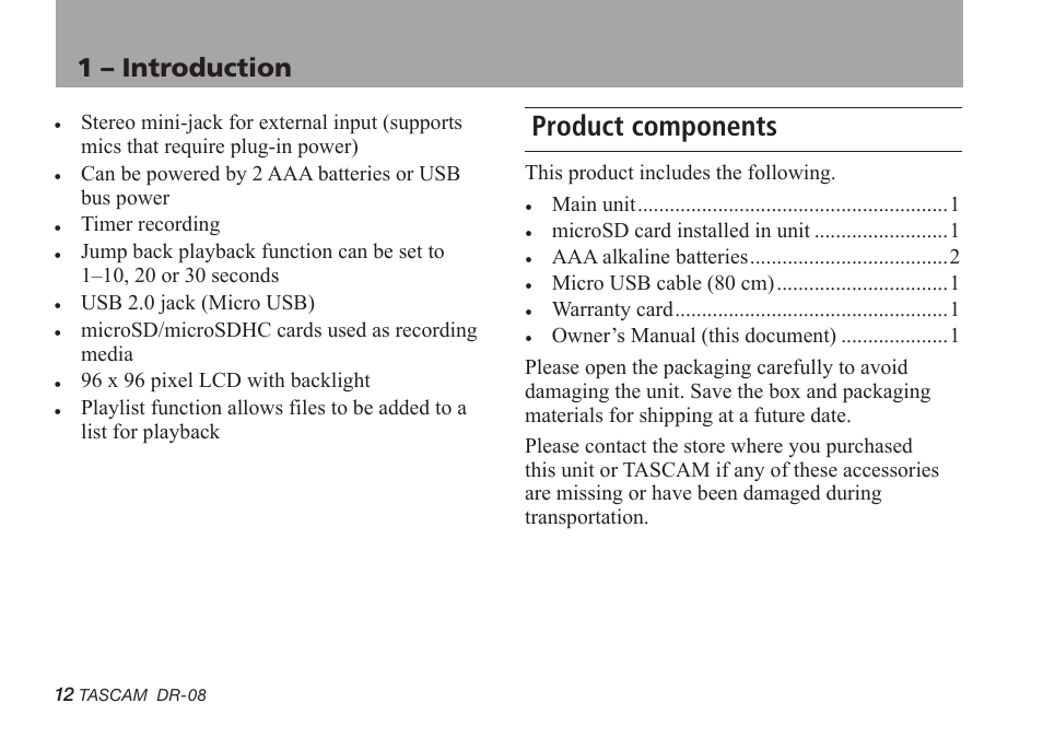 Product components, 1 – introduction | Tascam DR-08 User Manual | Page 12 / 112