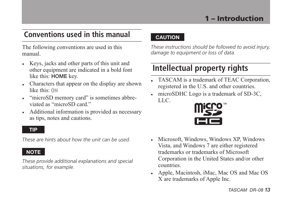 Conventions used in this manual, Intellectual property rights, 1 – introduction | Tascam DR-08 User Manual | Page 13 / 112