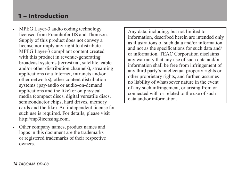 1 – introduction | Tascam DR-08 User Manual | Page 14 / 112