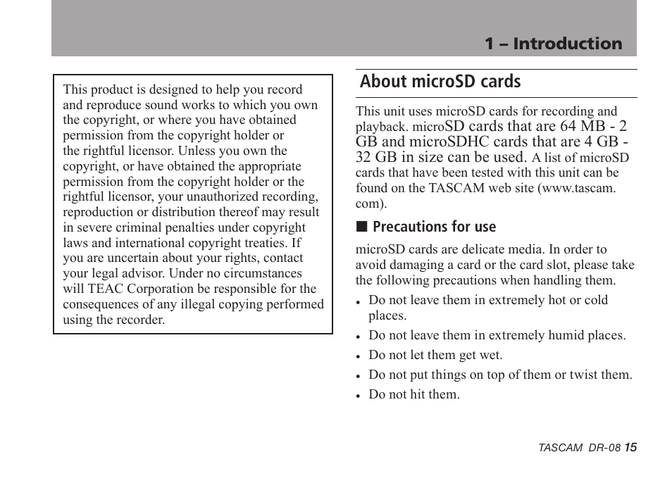 About microsd cards, 1 – introduction | Tascam DR-08 User Manual | Page 15 / 112