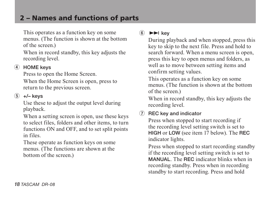 2 – names and functions of parts | Tascam DR-08 User Manual | Page 18 / 112