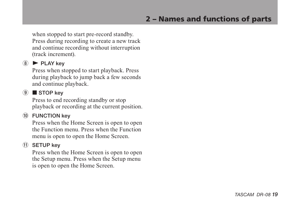 2 – names and functions of parts | Tascam DR-08 User Manual | Page 19 / 112