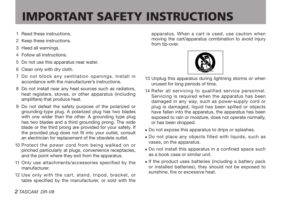 Important safety instructions | Tascam DR-08 User Manual | Page 2 / 112