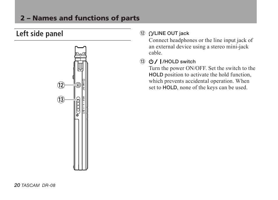 Left side panel, 2 – names and functions of parts | Tascam DR-08 User Manual | Page 20 / 112