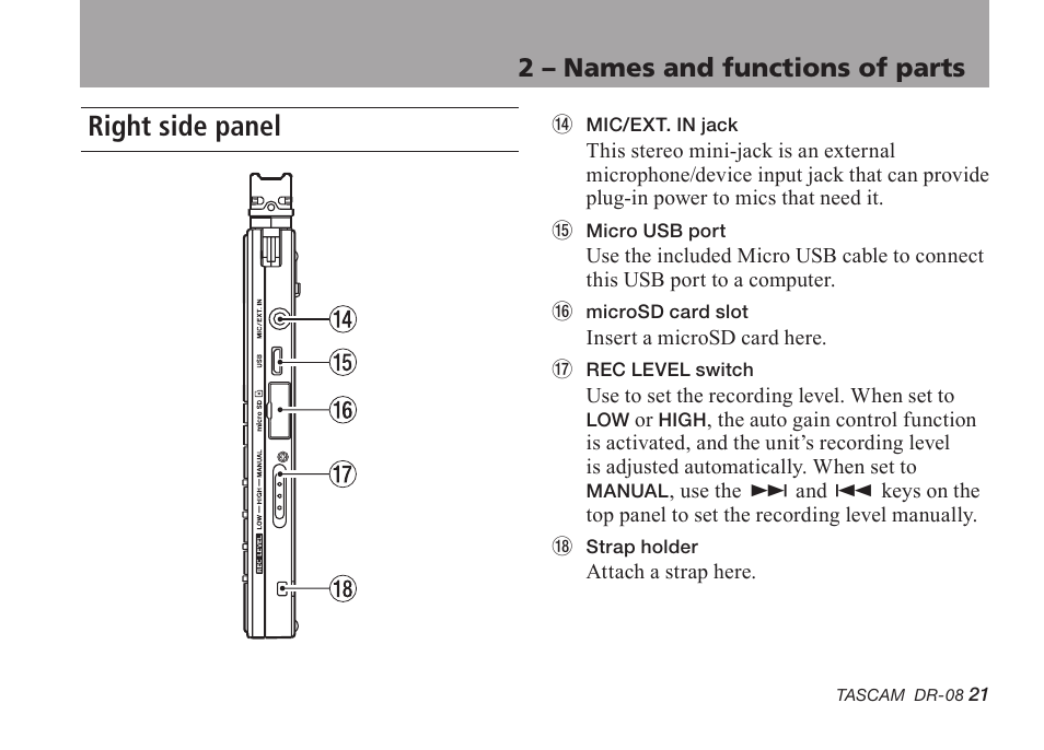 Right side panel, 2 – names and functions of parts | Tascam DR-08 User Manual | Page 21 / 112