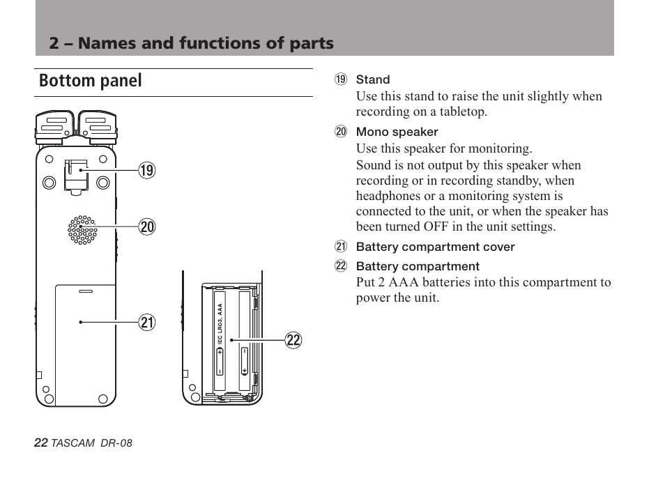 Bottom panel, 2 – names and functions of parts | Tascam DR-08 User Manual | Page 22 / 112