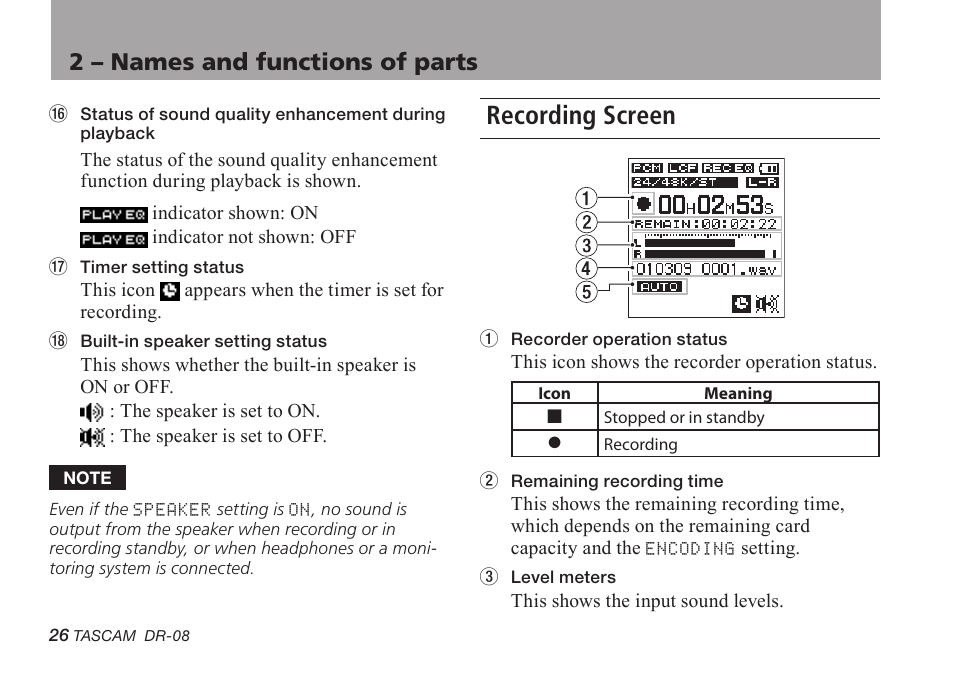 Recording screen, 2 – names and functions of parts | Tascam DR-08 User Manual | Page 26 / 112