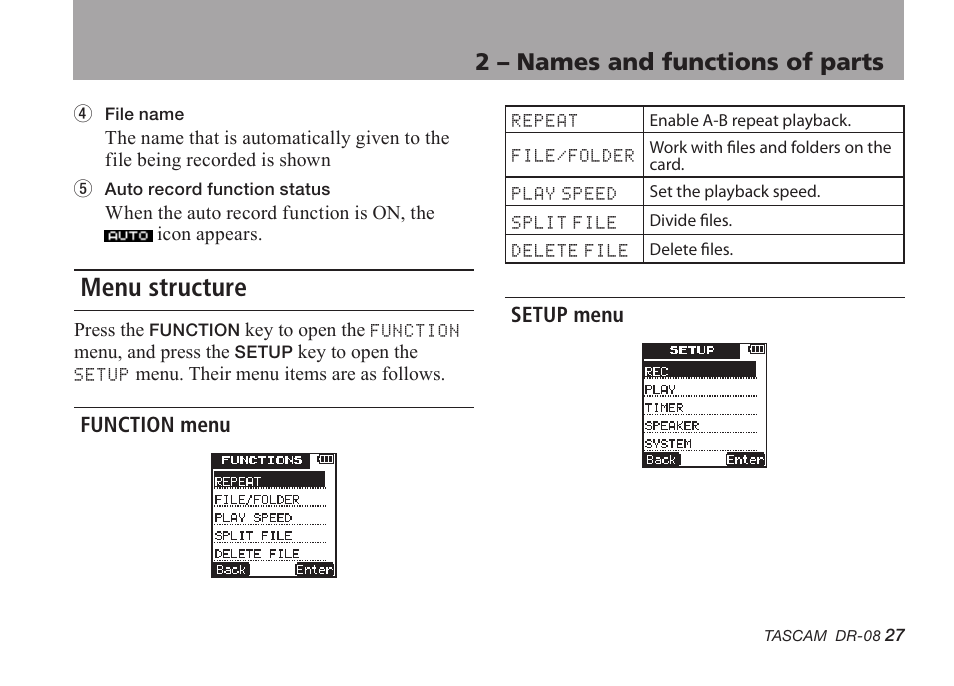 Menu structure, Function menu, Setup menu | Function menu setup menu, 2 – names and functions of parts | Tascam DR-08 User Manual | Page 27 / 112