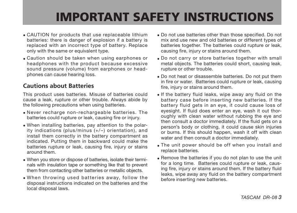 Important safety instructions | Tascam DR-08 User Manual | Page 3 / 112