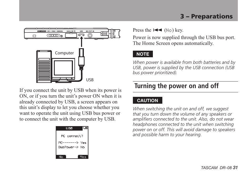 Turning the power on and off, 3 – preparations | Tascam DR-08 User Manual | Page 31 / 112