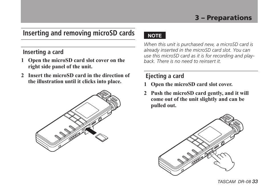 Inserting and removing microsd cards, Inserting a card, Ejecting a card | Inserting a card ejecting a card, 3 – preparations | Tascam DR-08 User Manual | Page 33 / 112