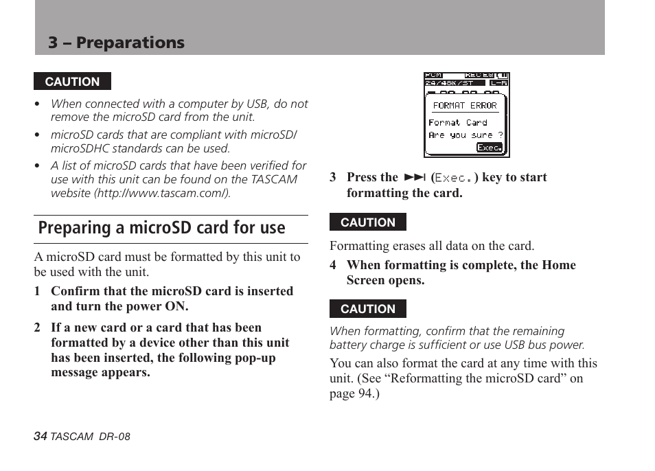 Preparing a microsd card for use, 3 – preparations | Tascam DR-08 User Manual | Page 34 / 112