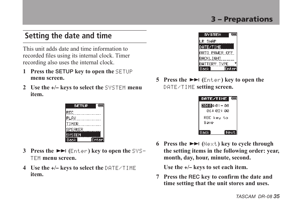 Setting the date and time, 3 – preparations | Tascam DR-08 User Manual | Page 35 / 112