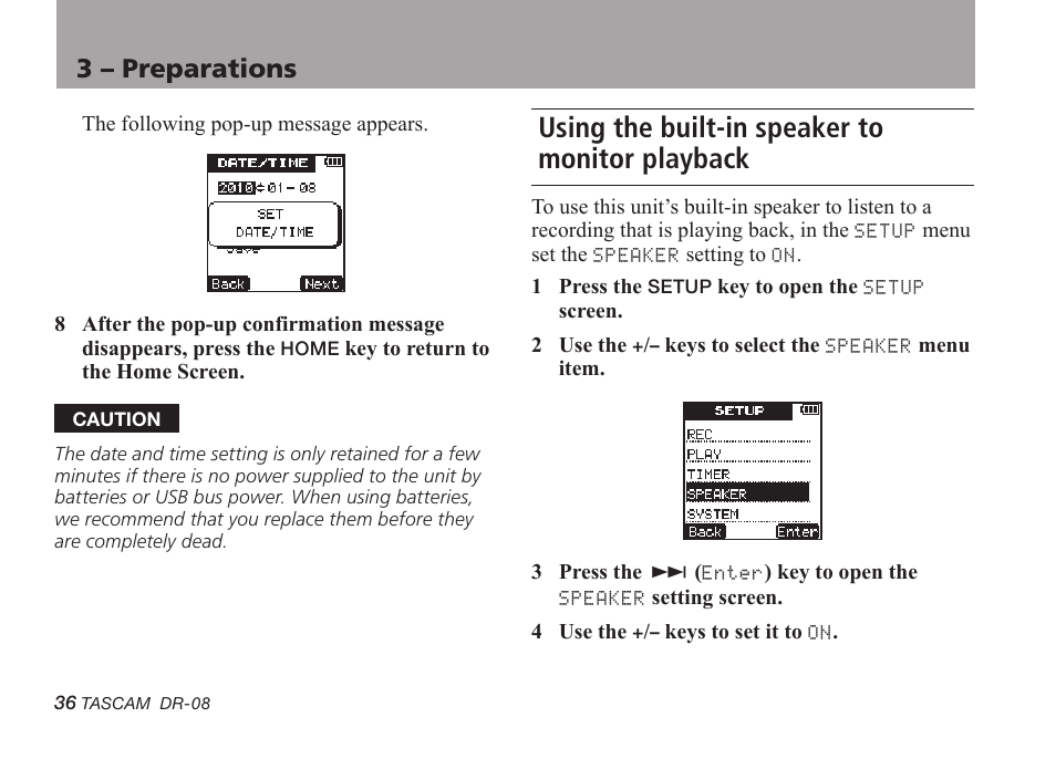 Using the built-in speaker to monitor playback, 3 – preparations | Tascam DR-08 User Manual | Page 36 / 112