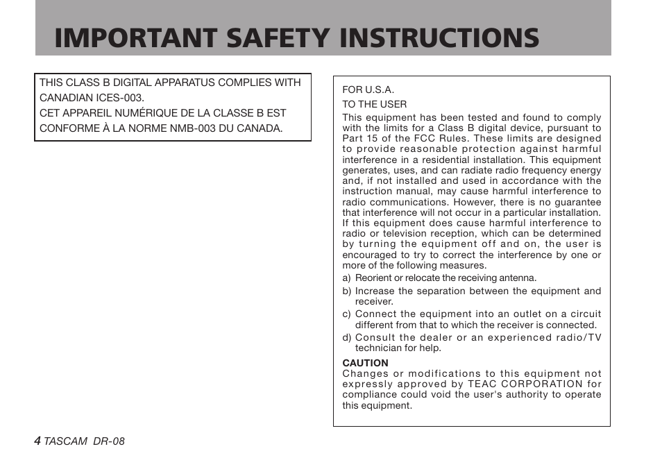 Important safety instructions | Tascam DR-08 User Manual | Page 4 / 112