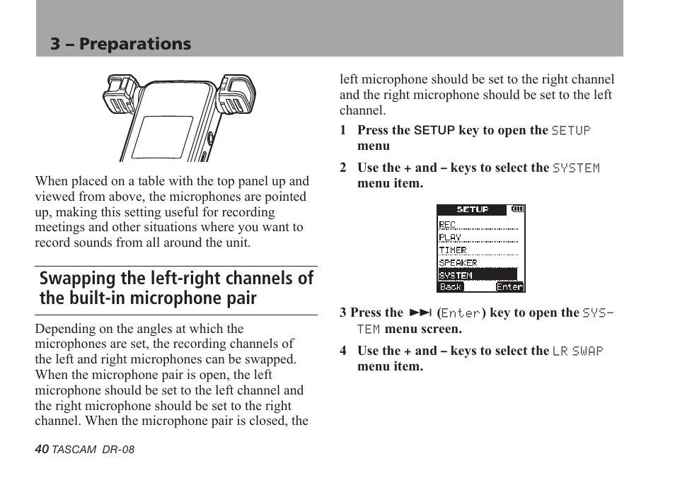 3 – preparations | Tascam DR-08 User Manual | Page 40 / 112