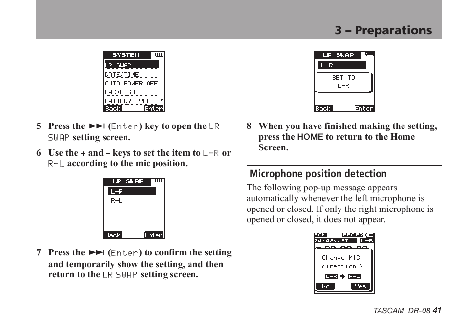 Microphone position detection, 3 – preparations | Tascam DR-08 User Manual | Page 41 / 112