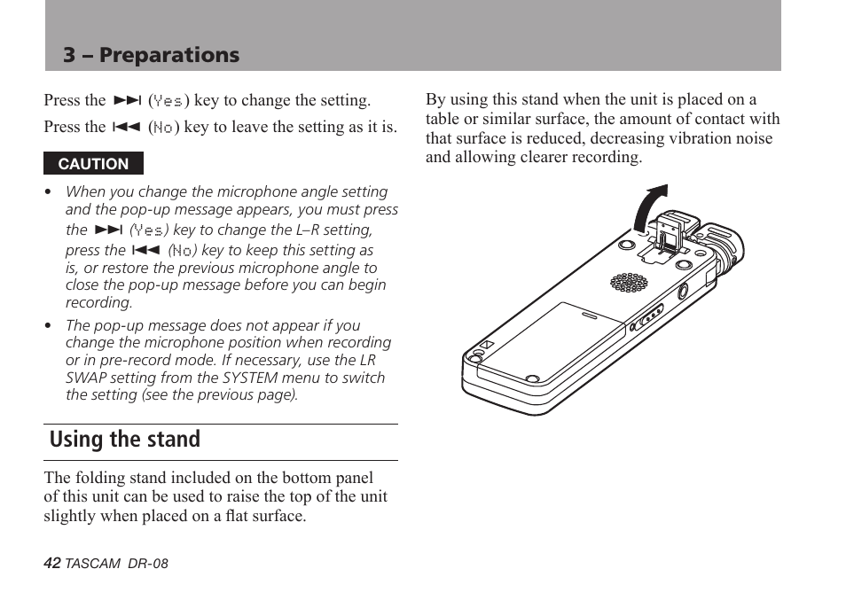 Using the stand, 3 – preparations | Tascam DR-08 User Manual | Page 42 / 112