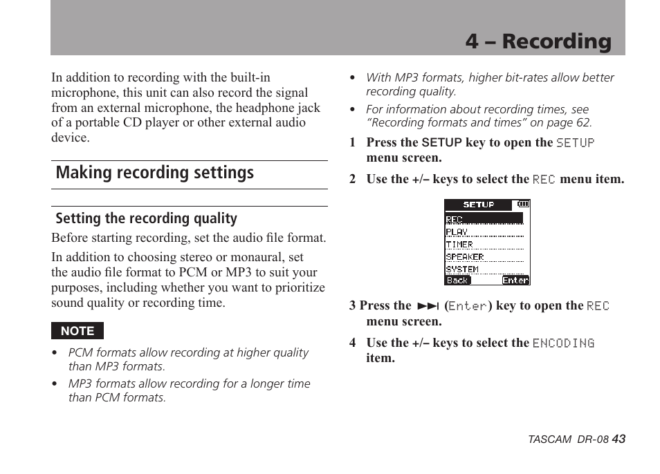 4 – recording, Making recording settings, Setting the recording quality | Tascam DR-08 User Manual | Page 43 / 112