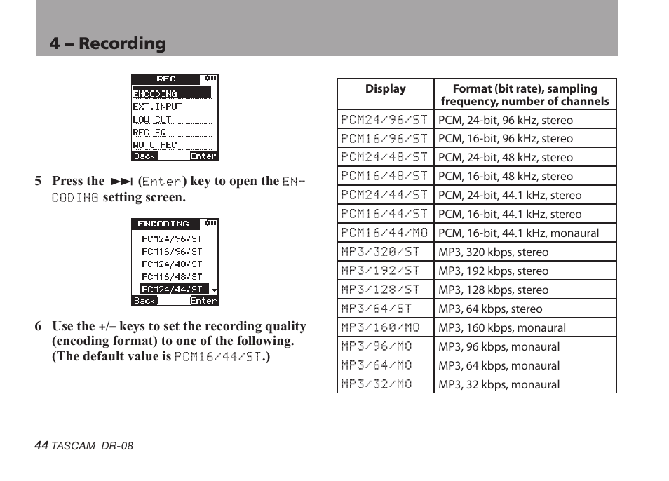 4 – recording | Tascam DR-08 User Manual | Page 44 / 112