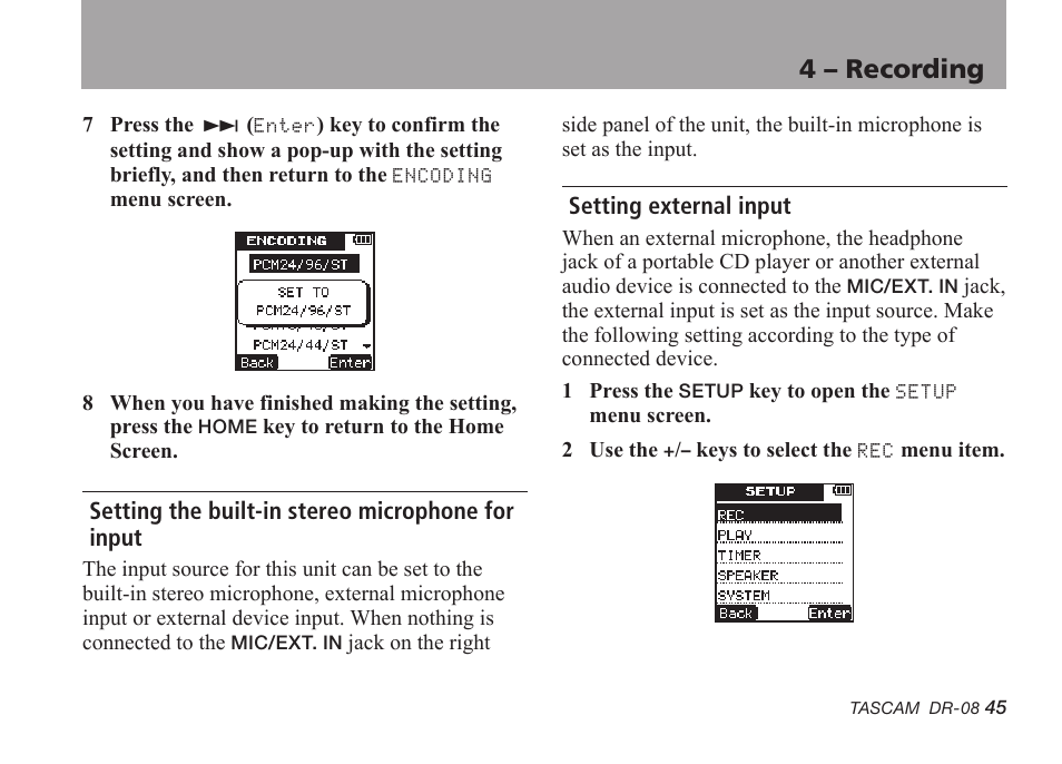 Setting the built-in stereo microphone for input, Setting external input, 4 – recording | Tascam DR-08 User Manual | Page 45 / 112