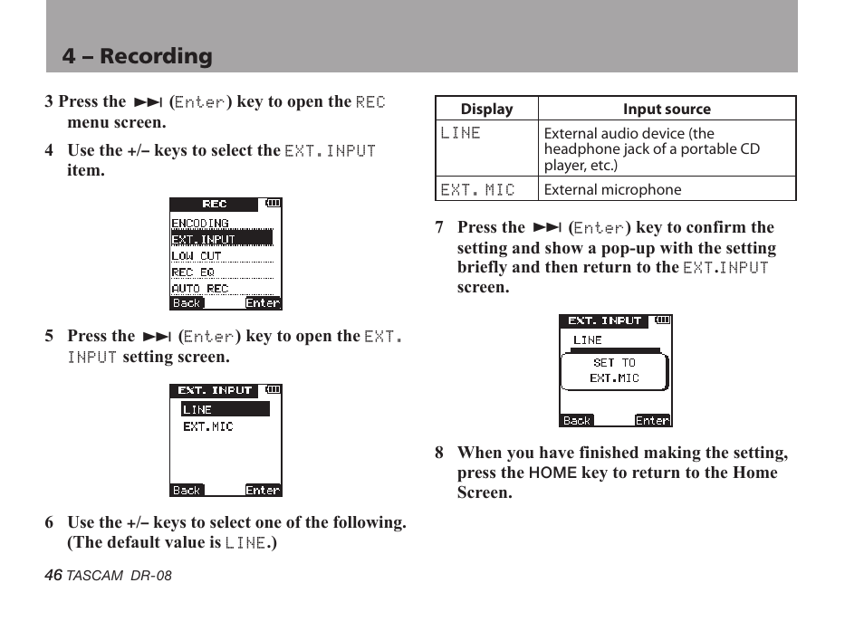 4 – recording | Tascam DR-08 User Manual | Page 46 / 112