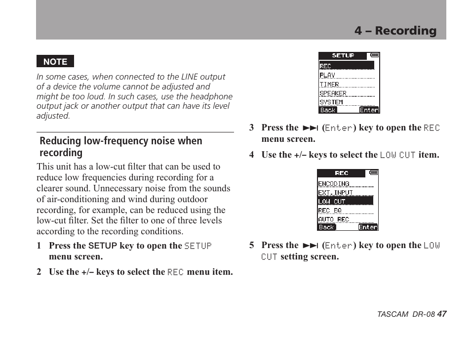 Reducing low-frequency noise when recording, 4 – recording | Tascam DR-08 User Manual | Page 47 / 112