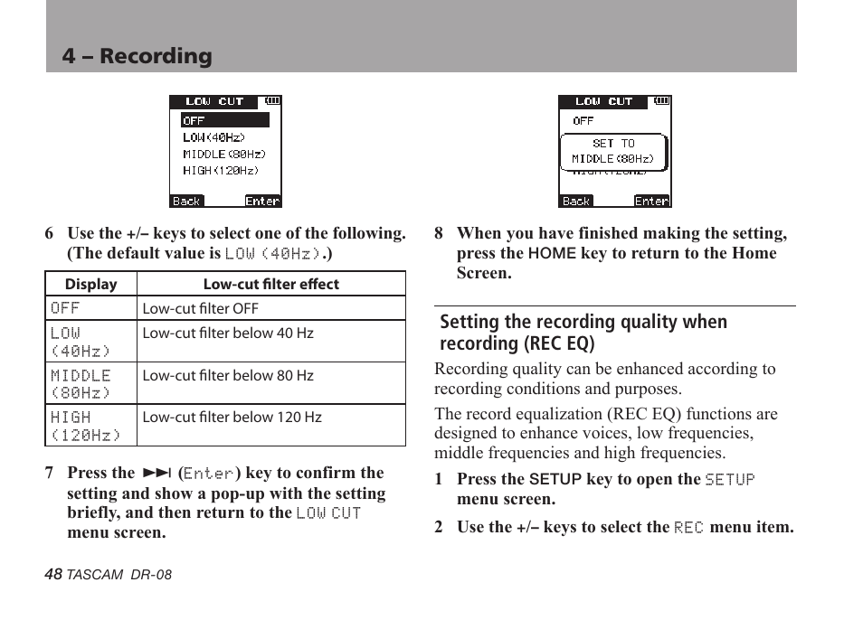 Setting the recording quality when recording, Rec eq), 4 – recording | Tascam DR-08 User Manual | Page 48 / 112