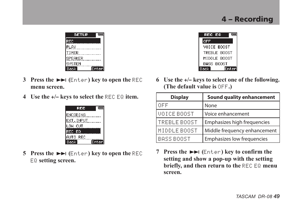 4 – recording | Tascam DR-08 User Manual | Page 49 / 112