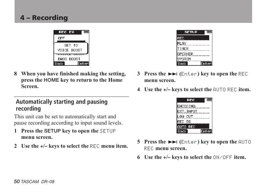 Automatically starting and pausing recording, 4 – recording | Tascam DR-08 User Manual | Page 50 / 112