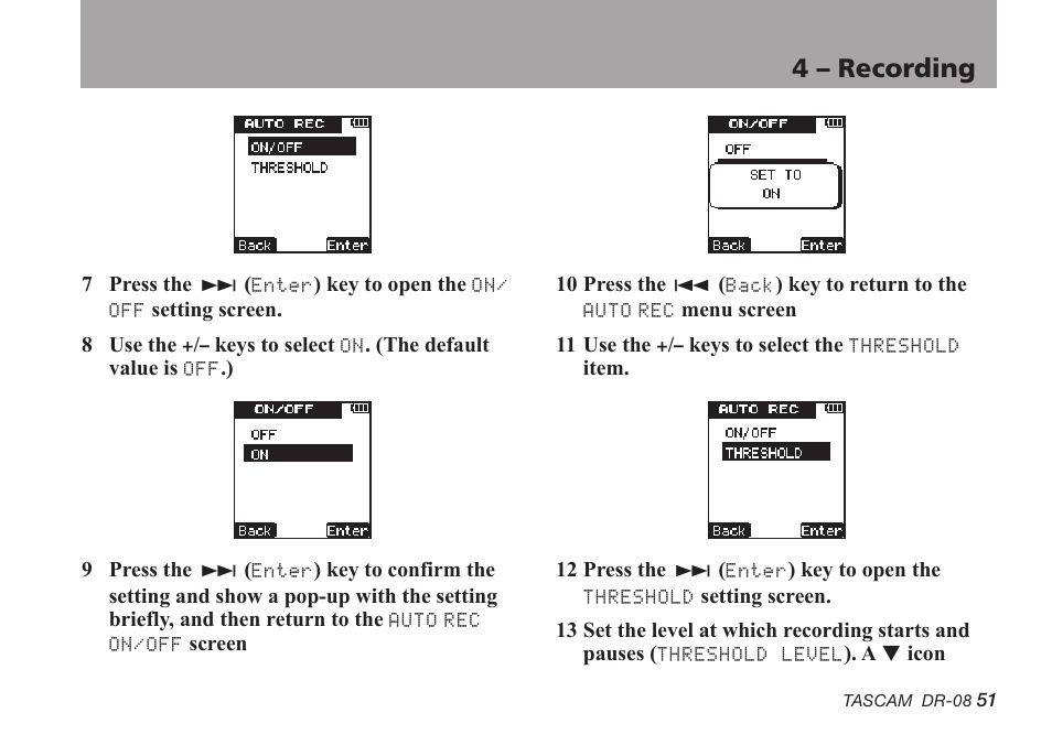 4 – recording | Tascam DR-08 User Manual | Page 51 / 112