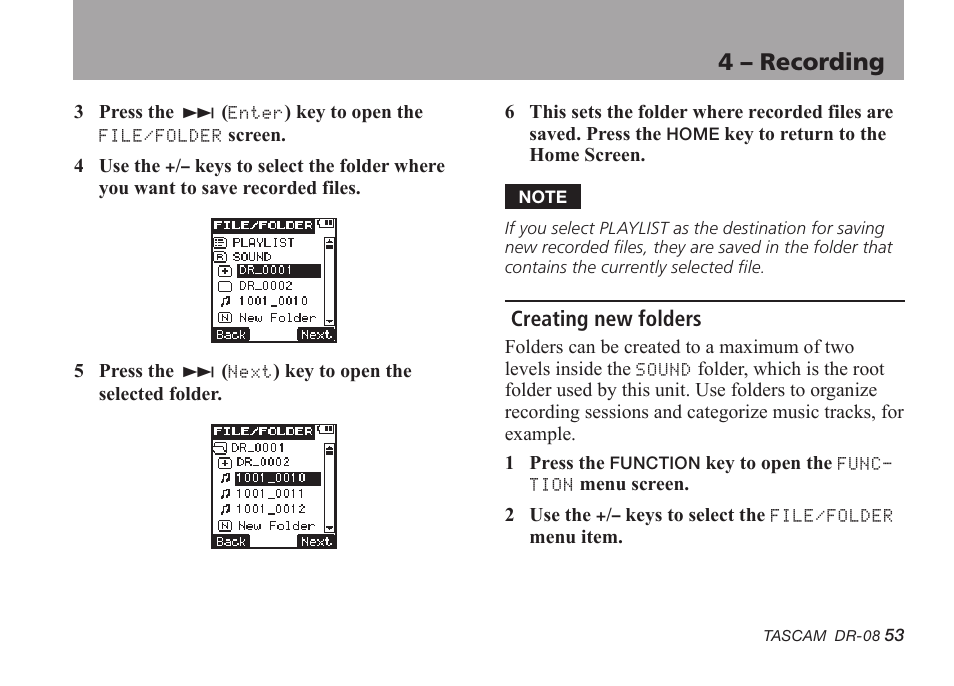 Creating new folders, 4 – recording | Tascam DR-08 User Manual | Page 53 / 112