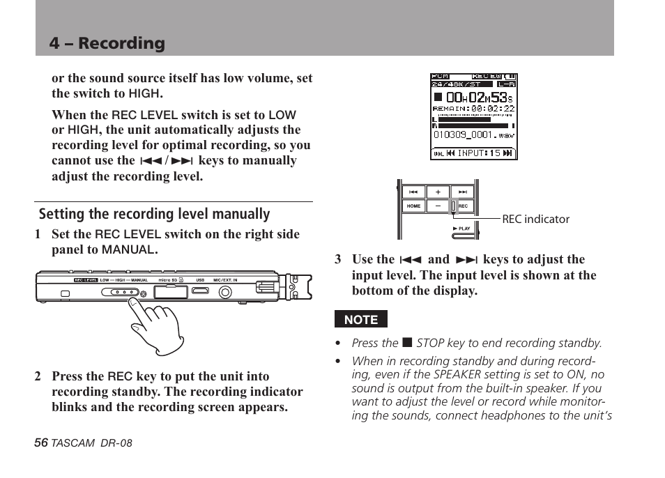 Setting the recording level manually, 4 – recording | Tascam DR-08 User Manual | Page 56 / 112