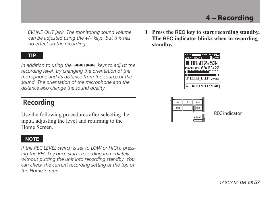 Recording, 4 – recording | Tascam DR-08 User Manual | Page 57 / 112