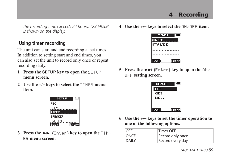 Using timer recording, 4 – recording | Tascam DR-08 User Manual | Page 59 / 112