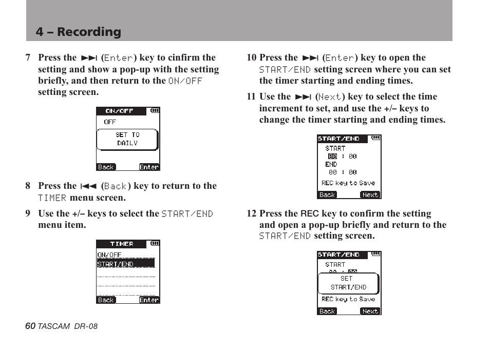 4 – recording | Tascam DR-08 User Manual | Page 60 / 112