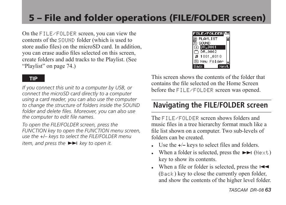 Navigating the file/folder screen, 5 – file and folder operations, File/folder screen) | Tascam DR-08 User Manual | Page 63 / 112