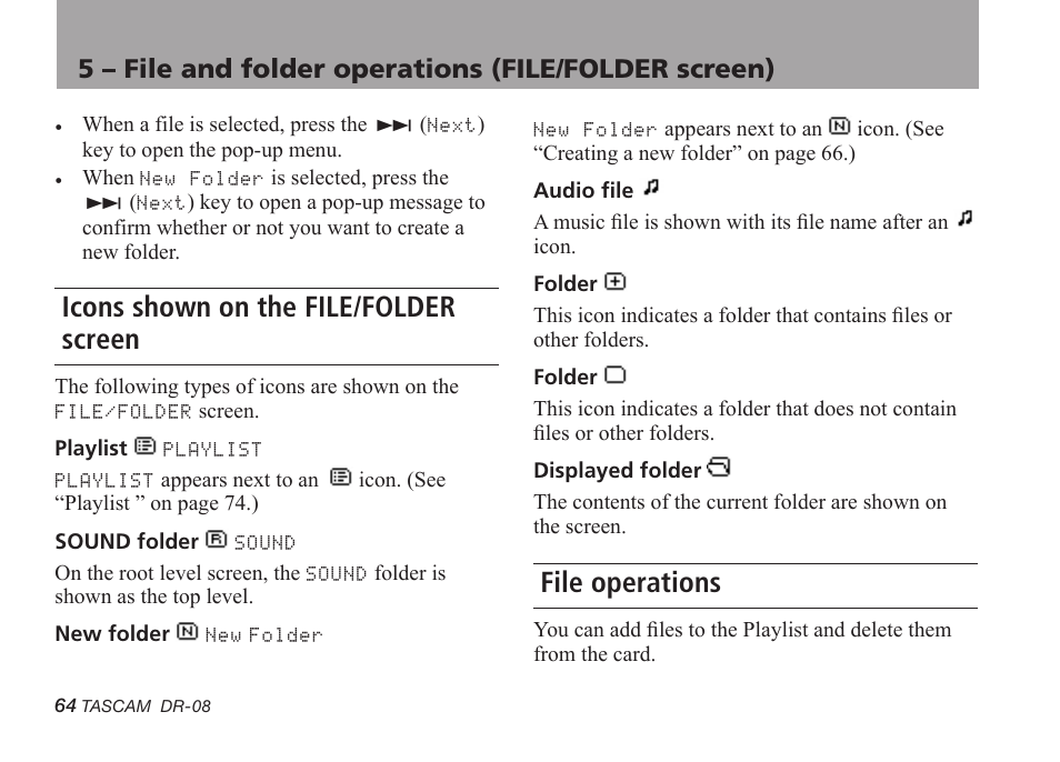 Icons shown on the file/folder screen, File operations | Tascam DR-08 User Manual | Page 64 / 112